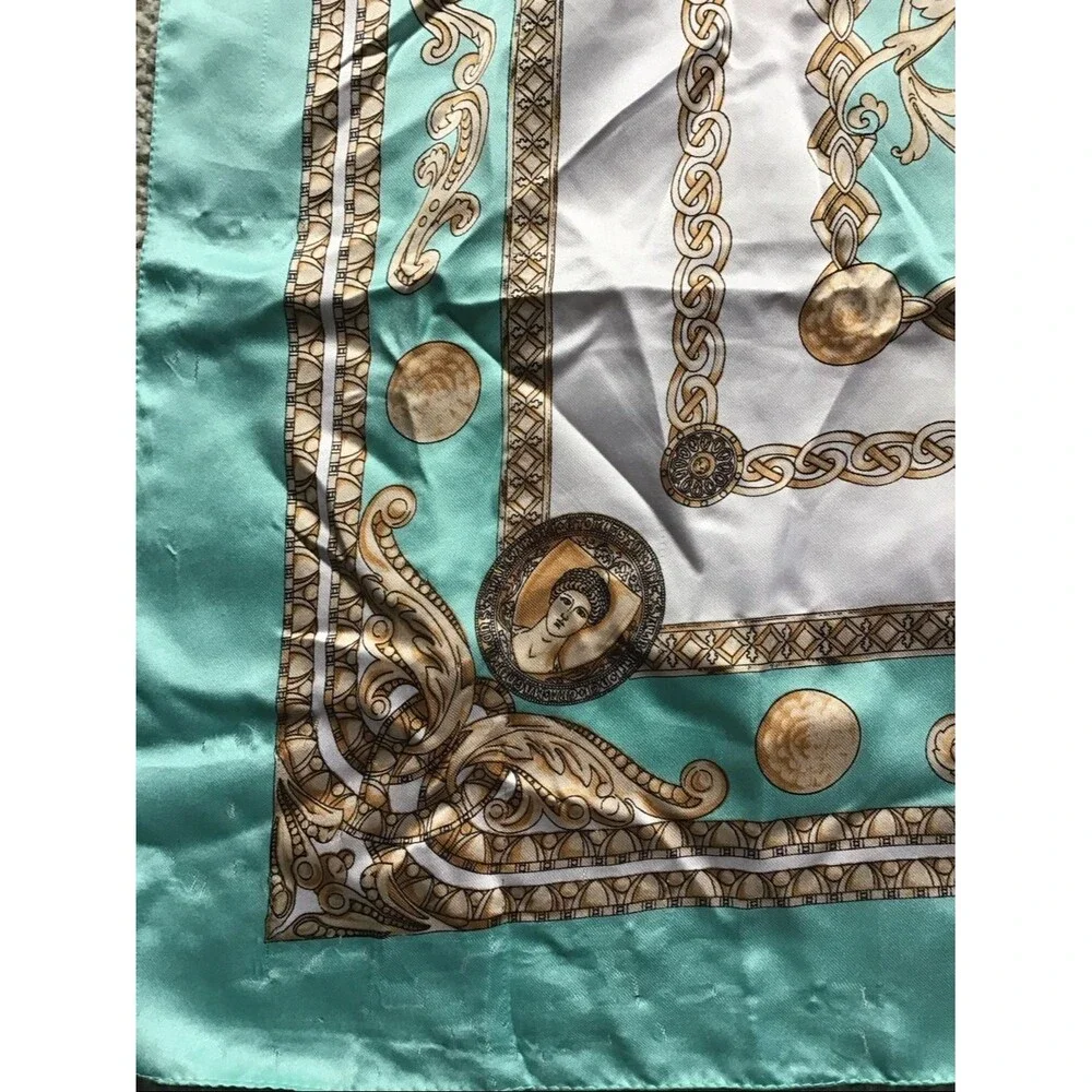 Vintage Monaco-Monte Carlo Teal Blue Gold Baroque Square Scarf Made in Italy